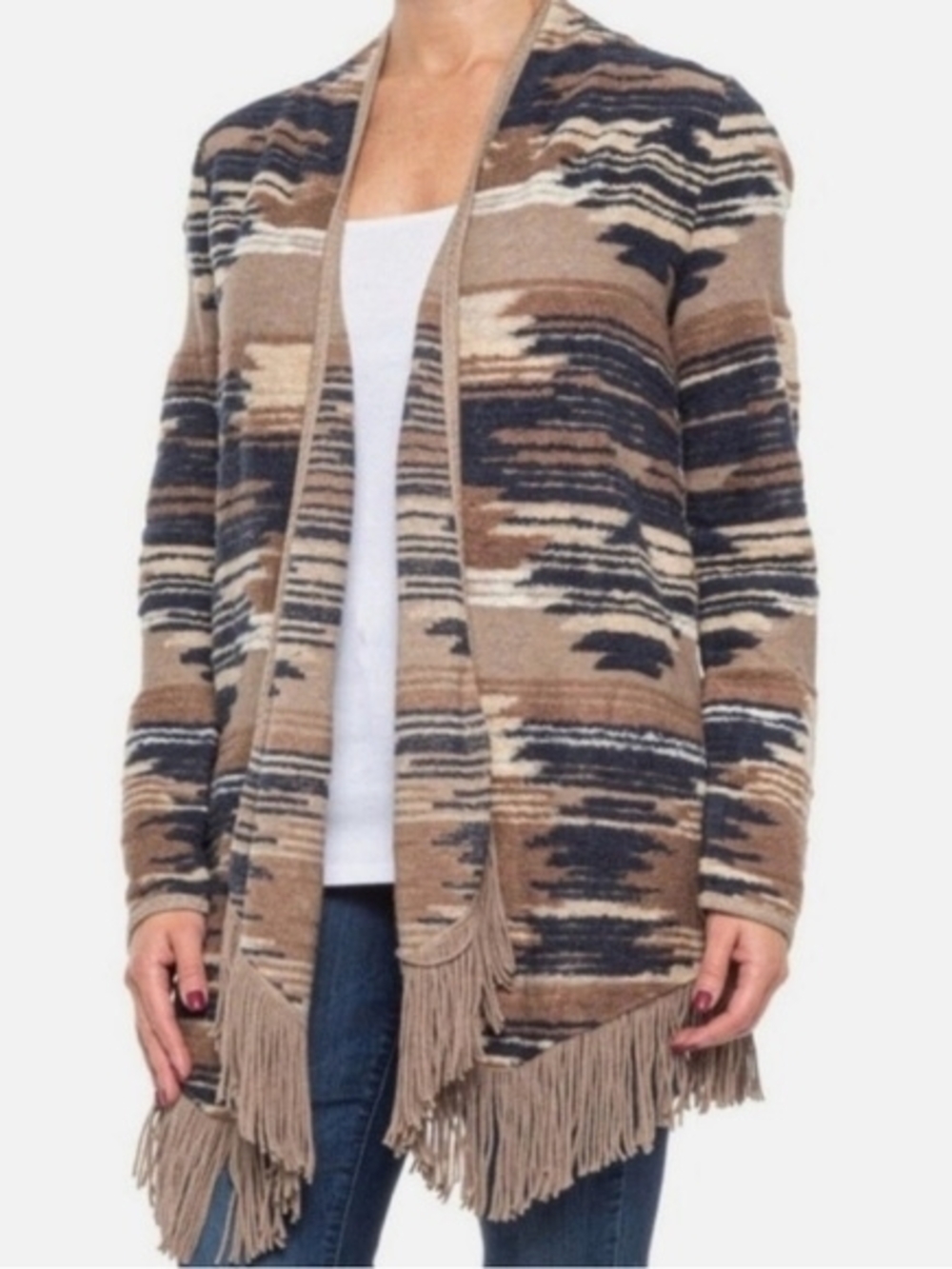 Lucky Brand Beige and Navy Striped Fringe Open Cardigan - Picture 3 of 6